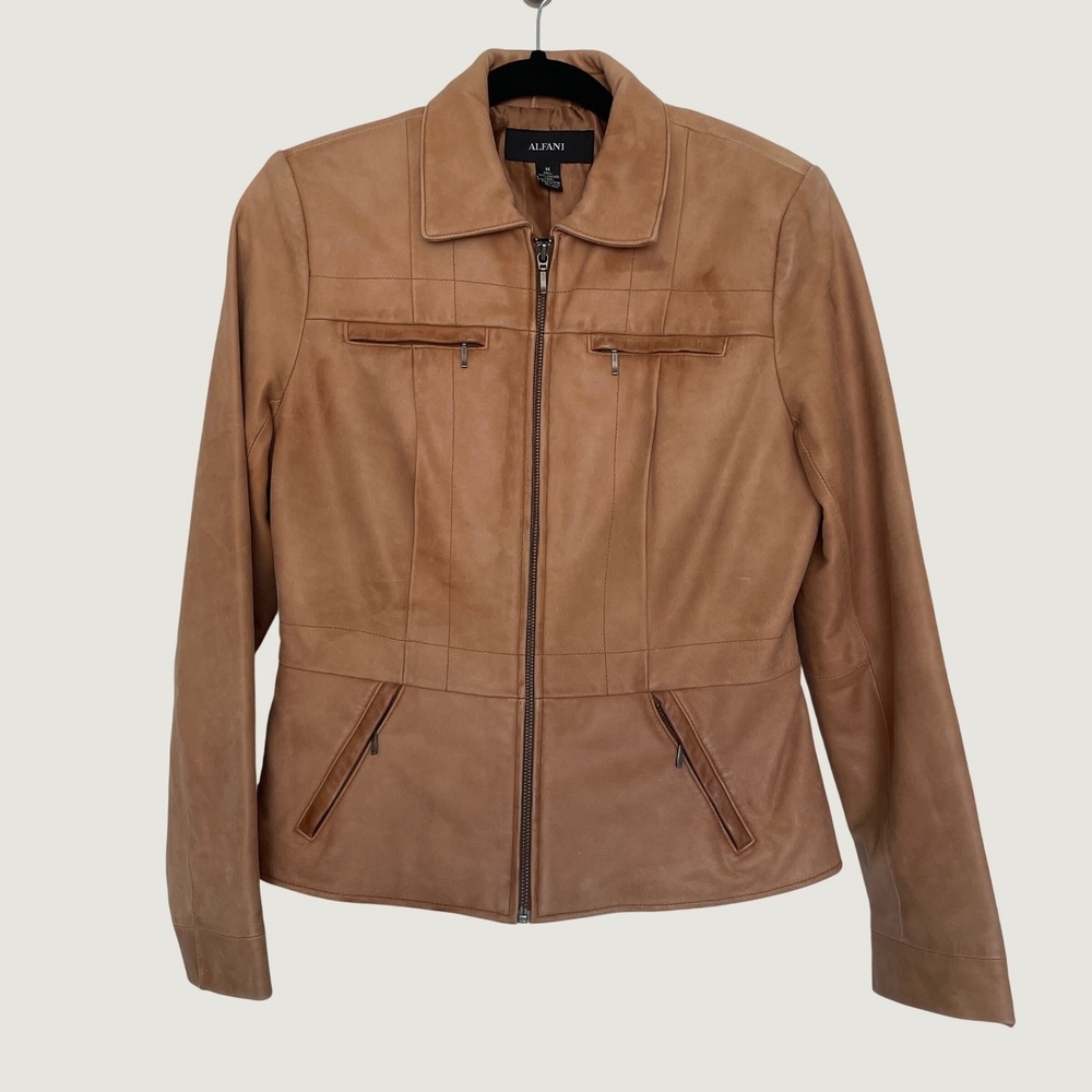 Alfani Leather Jacket Tan Full Zip Collared Moto Biker Chic Sz Medium